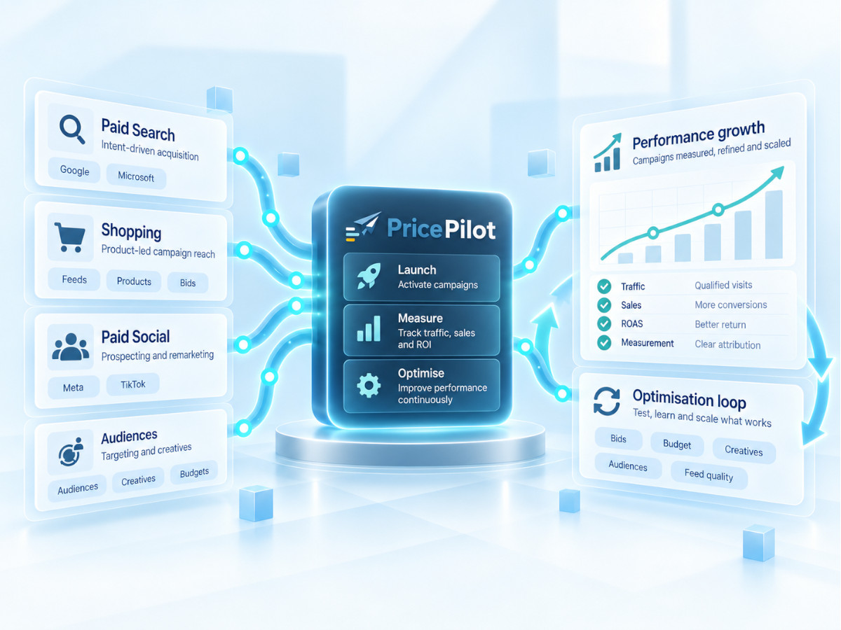 Price Pilot performance marketing connecting paid search, Shopping and paid social with measurement and continuous optimisation.